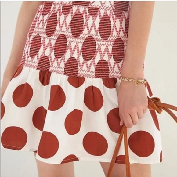 Anthropologie Maeve Polka Dot Smocked Mini Dress Cream/Rust NWOT Sz. XS - Picture 2 of 9